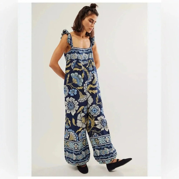Free People jumpsuit floral one-piece romper cotton overalls Small - Picture 1 of 5